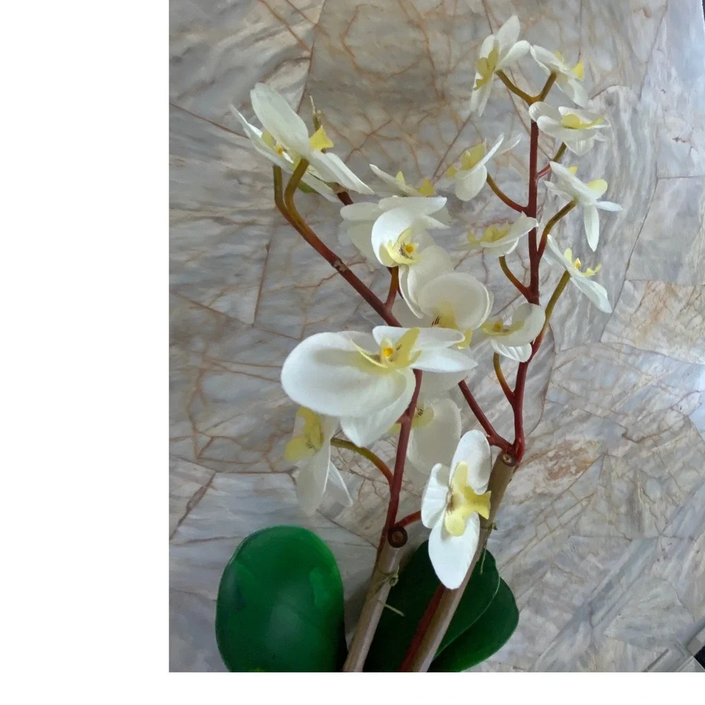 Faux White Orchid Arrangement in Iridescent Purple Ceramic Vase 22 Inch Floral